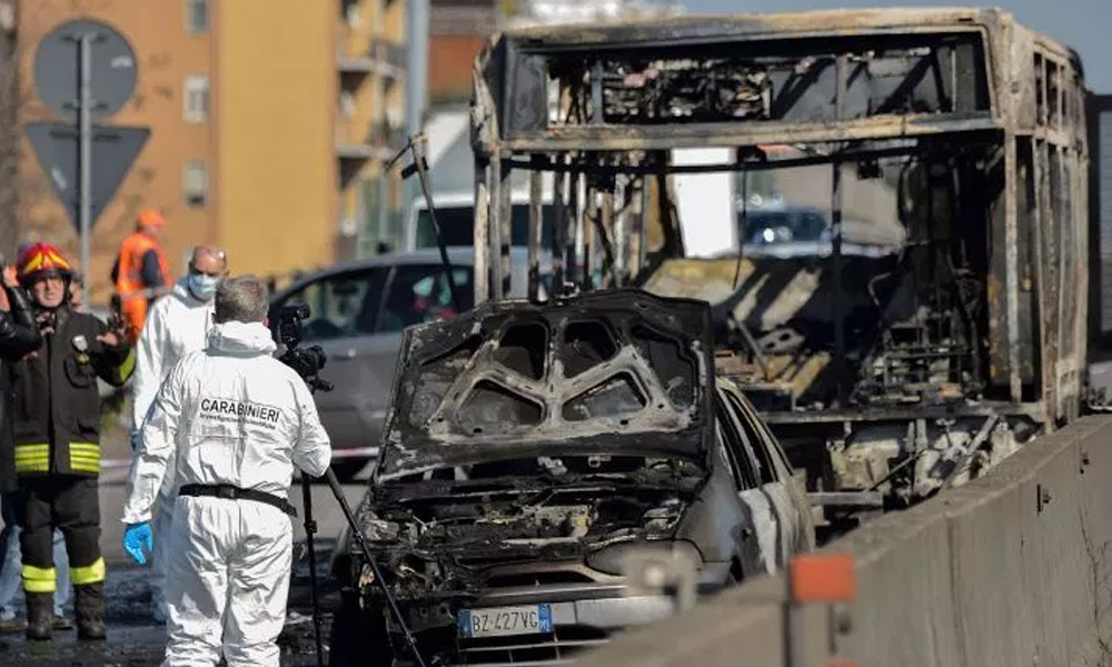 Driver sets ablaze school bus in Italy, children flee unharmed