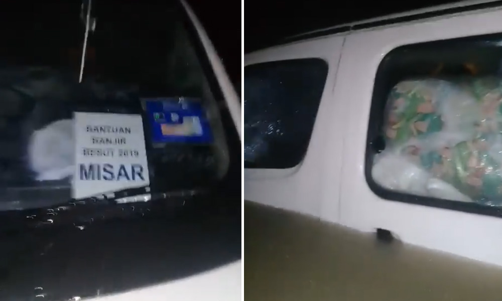 Four vehicles carrying aid for flood victims submerged in Jertih