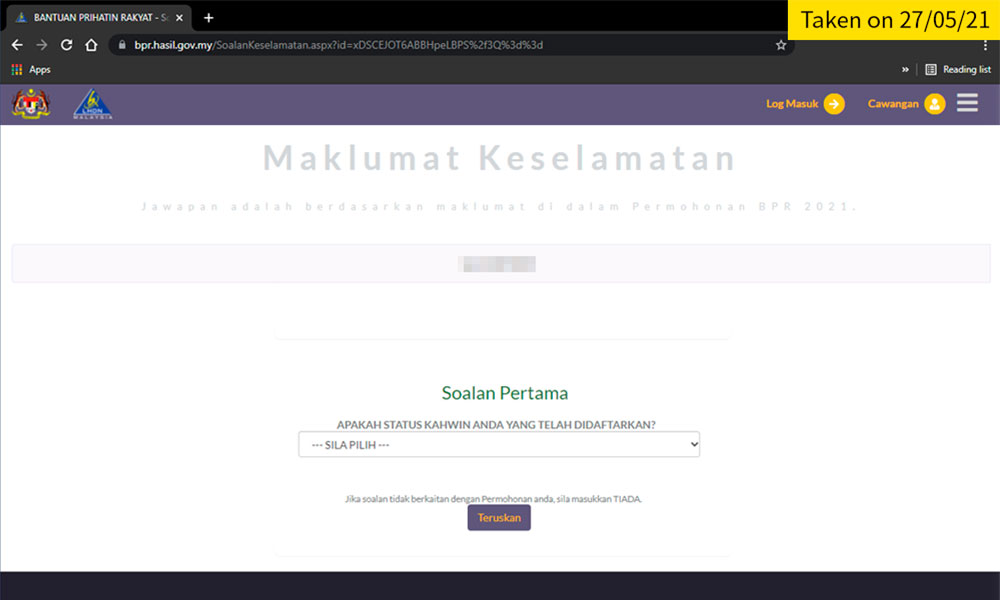 Ketika mendaftarkan akaun di laman web BPR, pengguna dikehendaki menjawab beberapa soalan keselamatan untuk mengesahkan identitinya.